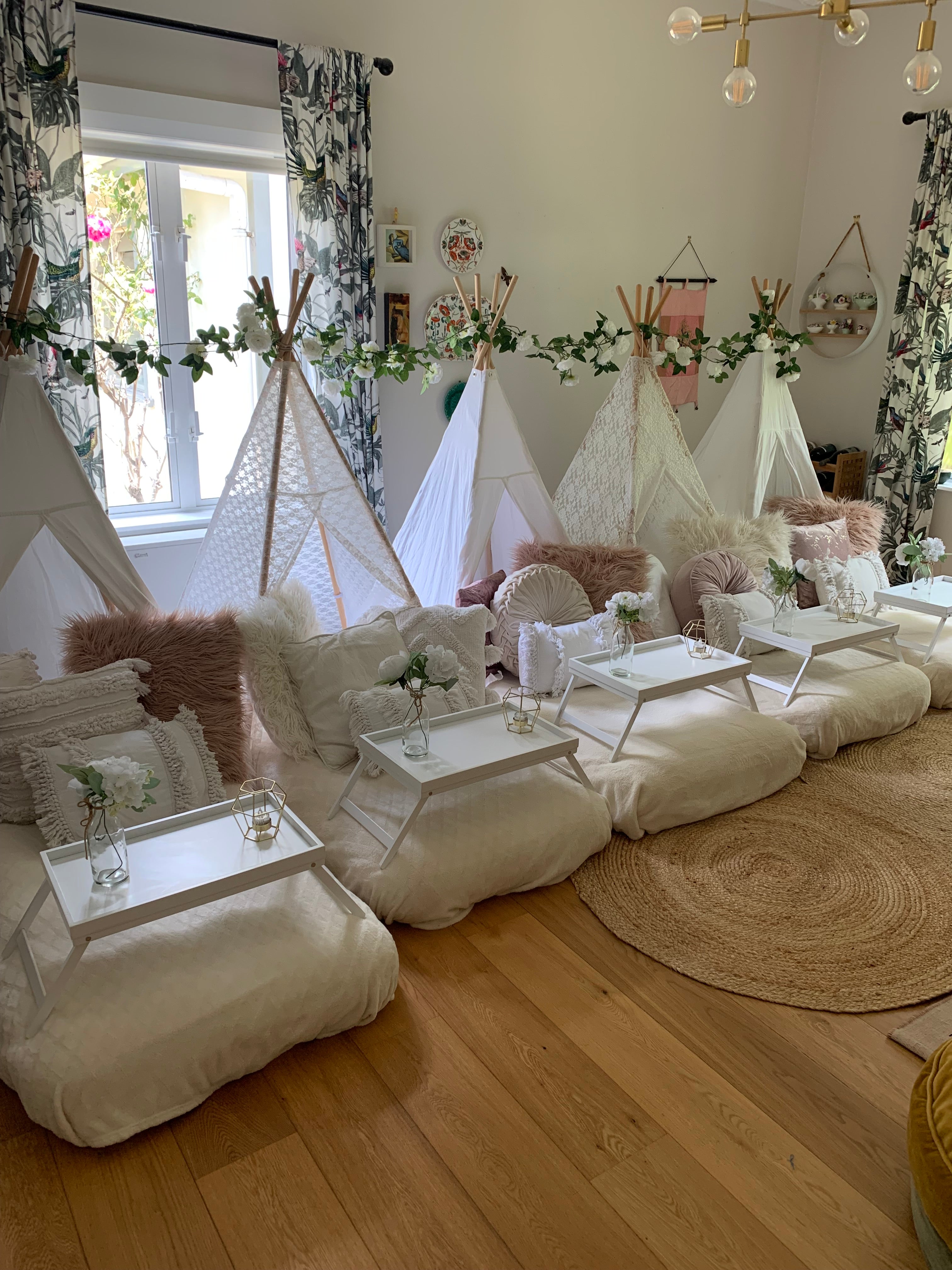 Blooming floral white teepee slumber party setup Wellington
