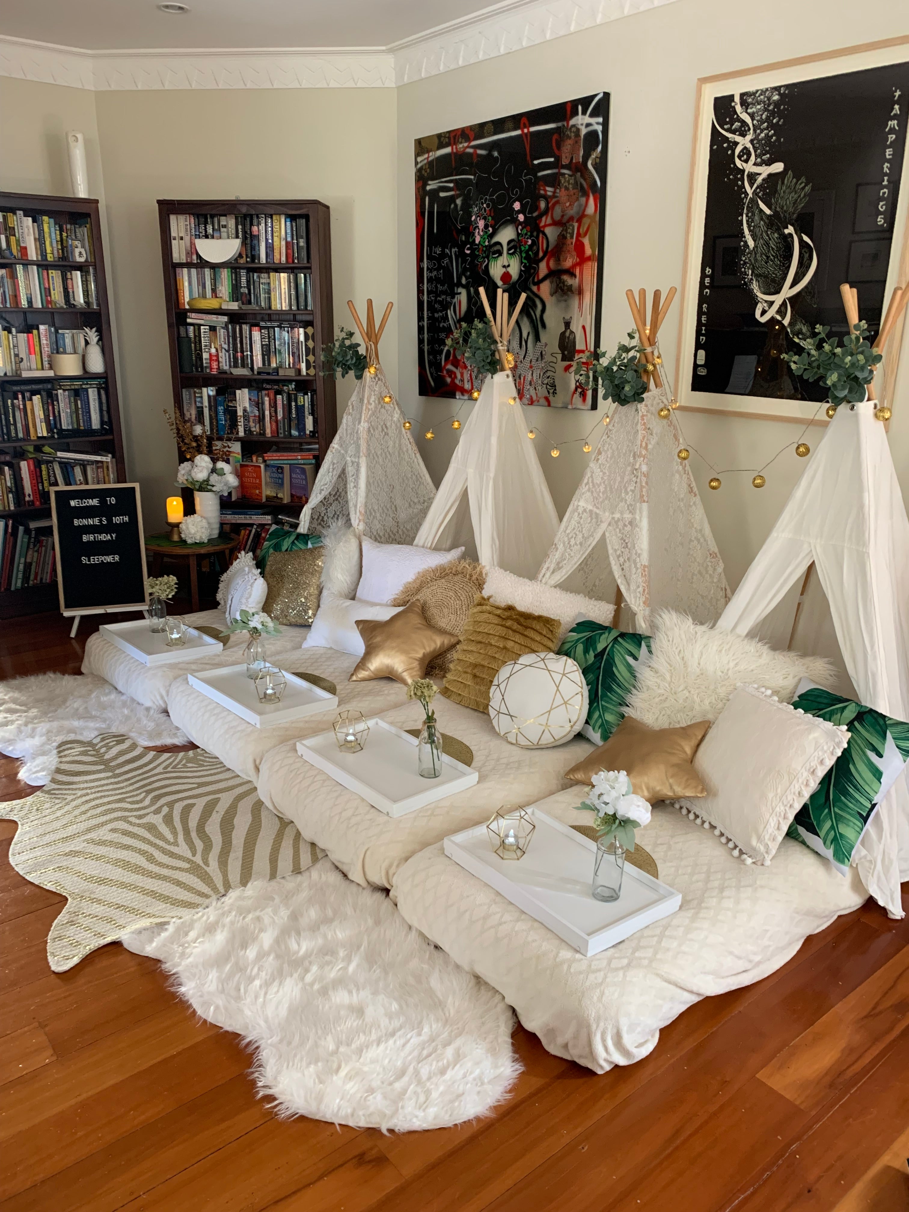 White gold and leafy teepee slumber party hire Wellington