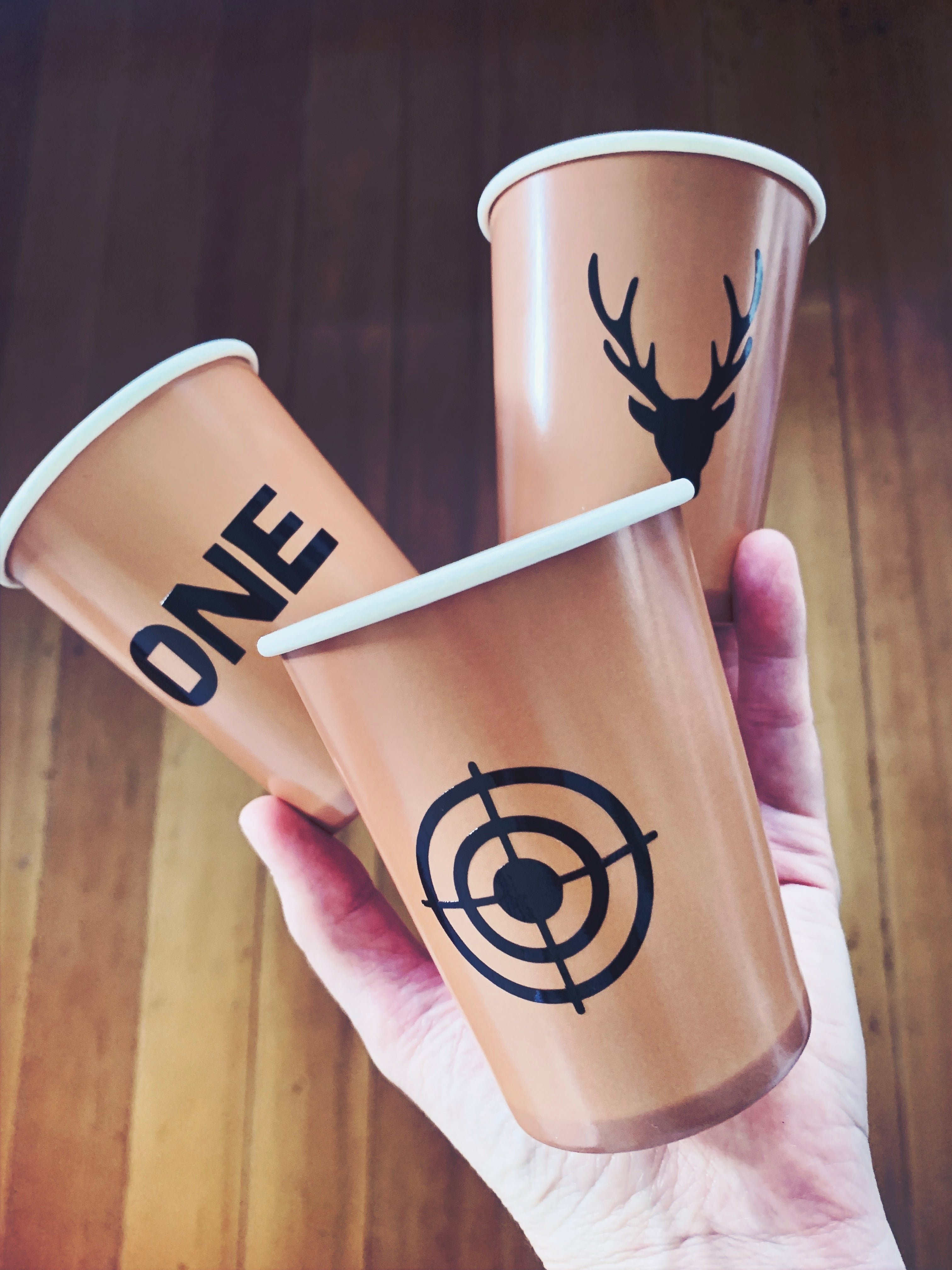 Deer or stag themed first birthday party cups
