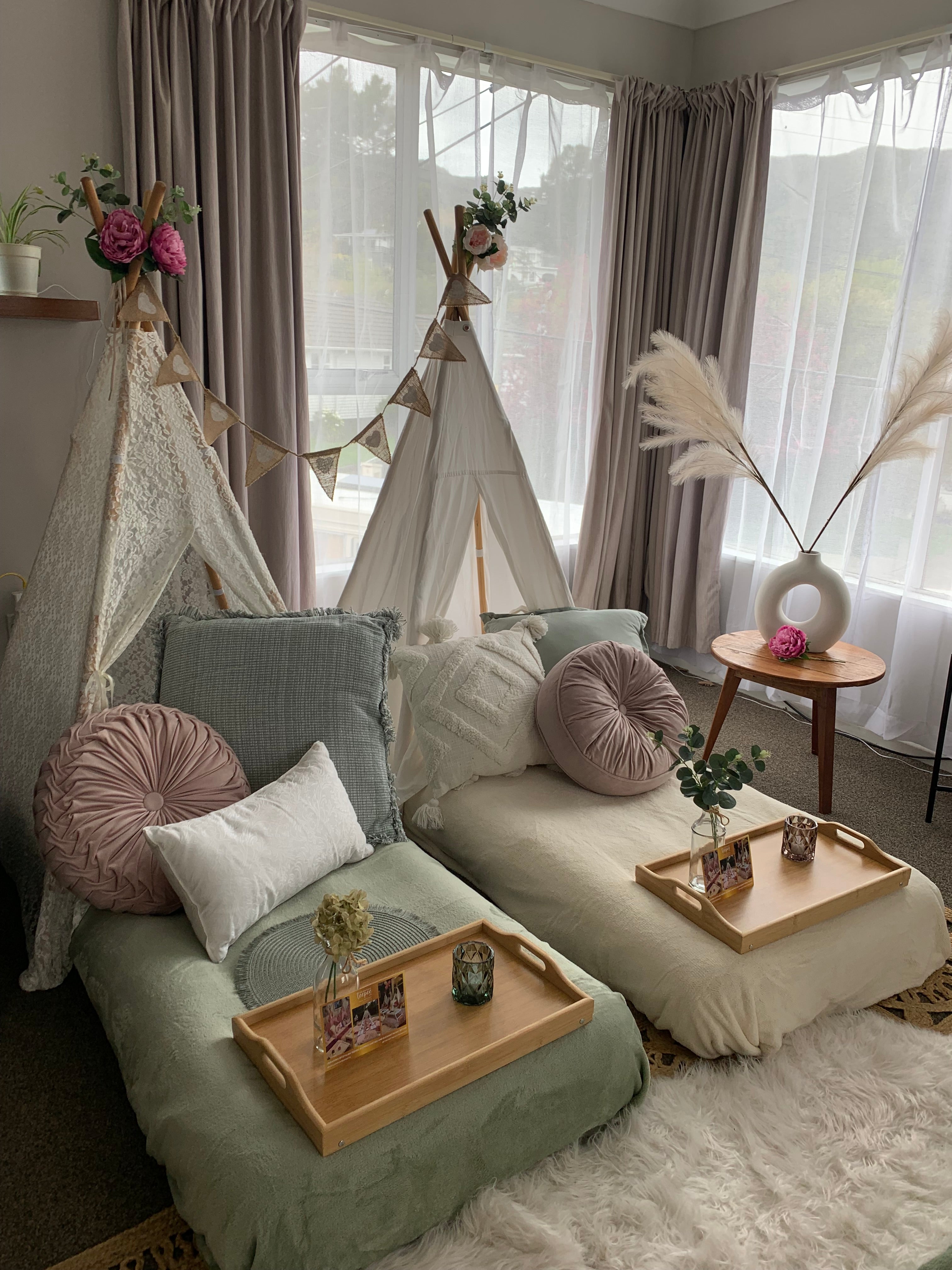 Blushing Boho Sage hens party teepee party