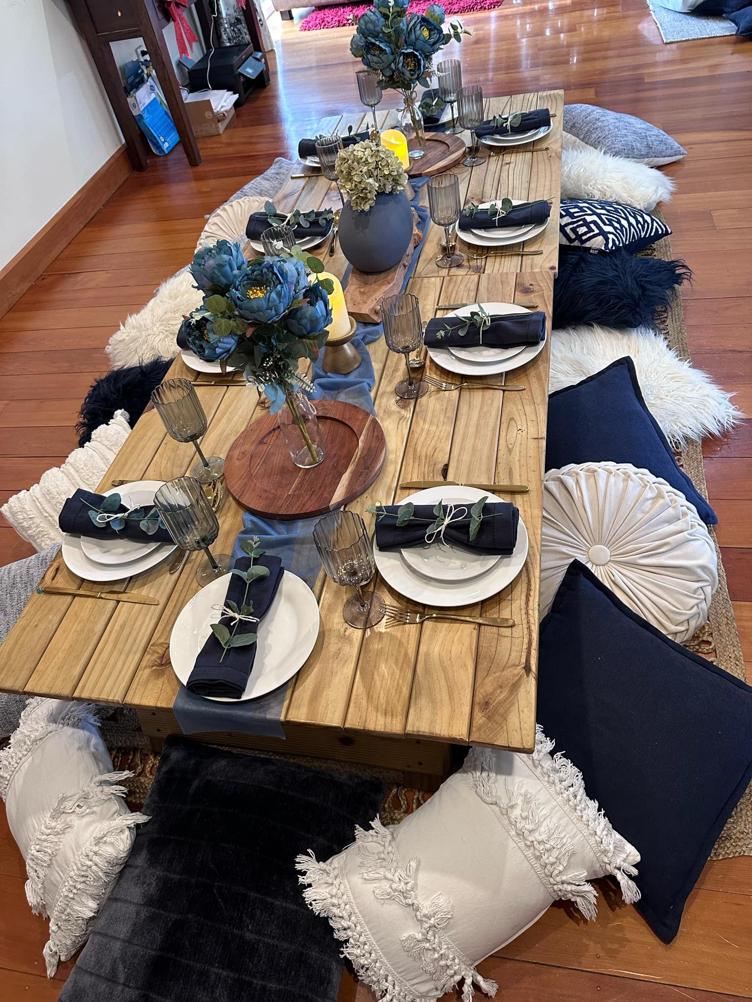 Blue boho chic luxury picnic setup Wellington