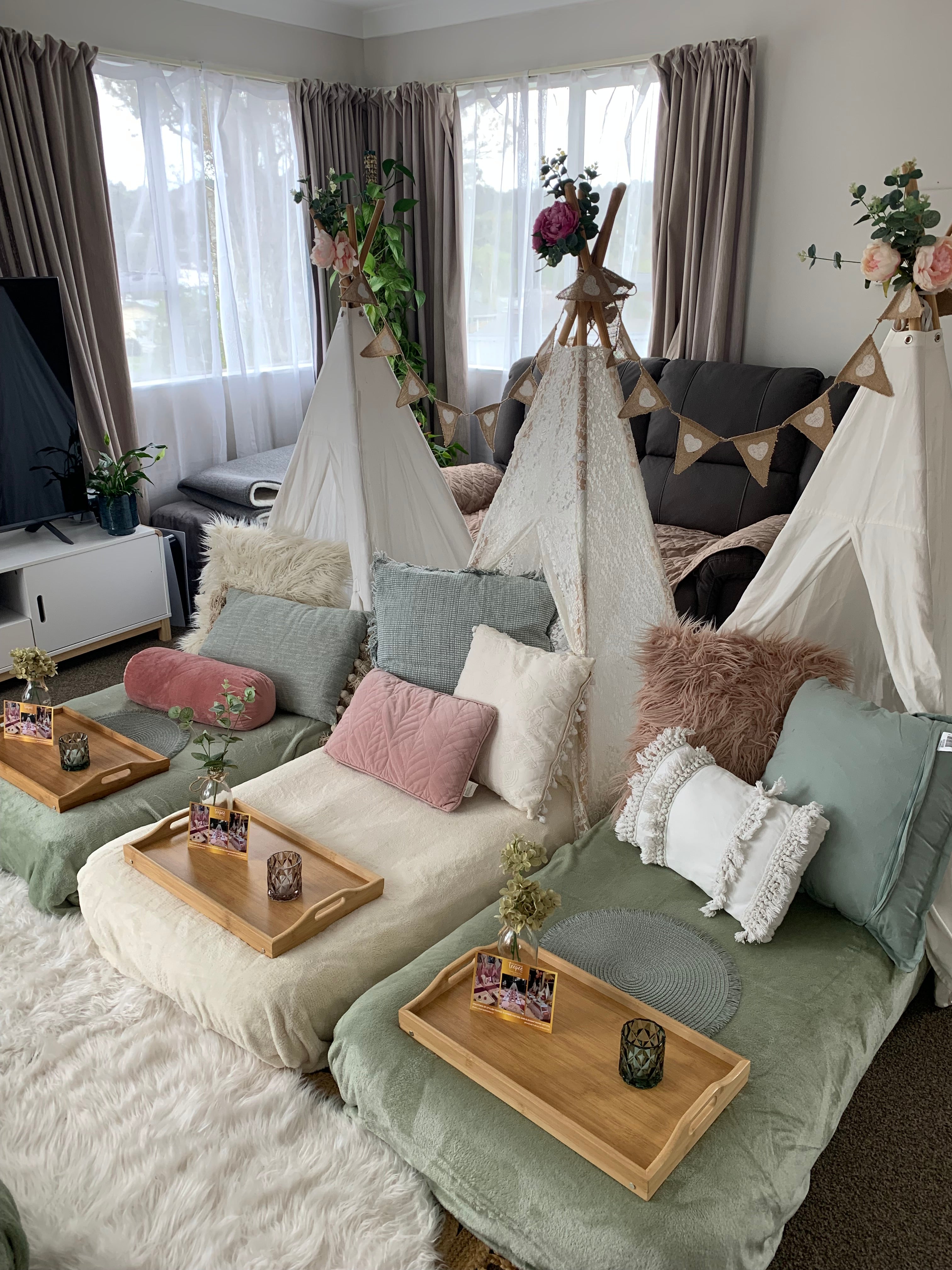 Blushing boho sage themed hens party teepee slumber party Wellington