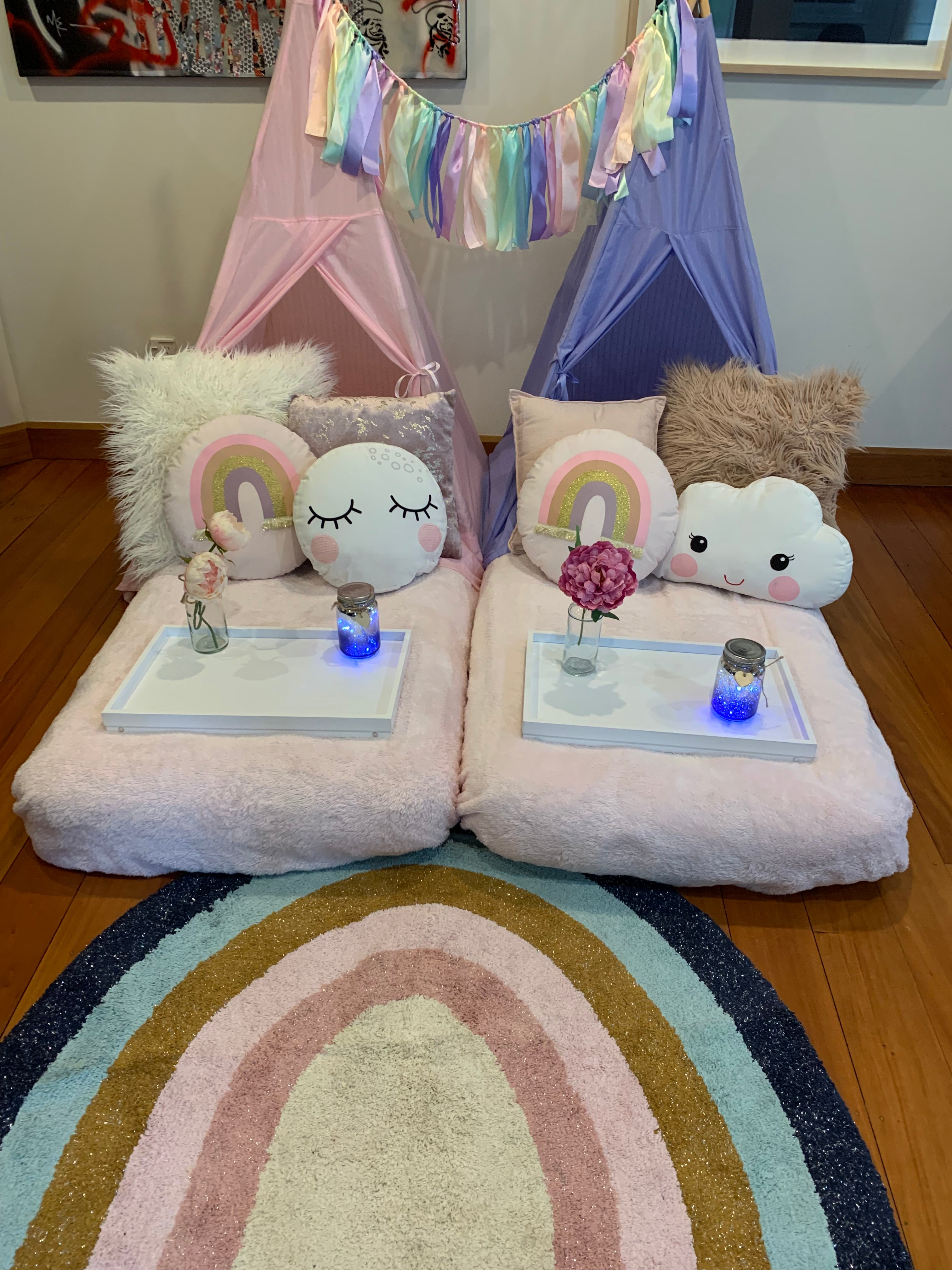 Pastel rainbow themed teepee slumber party hire Wellington