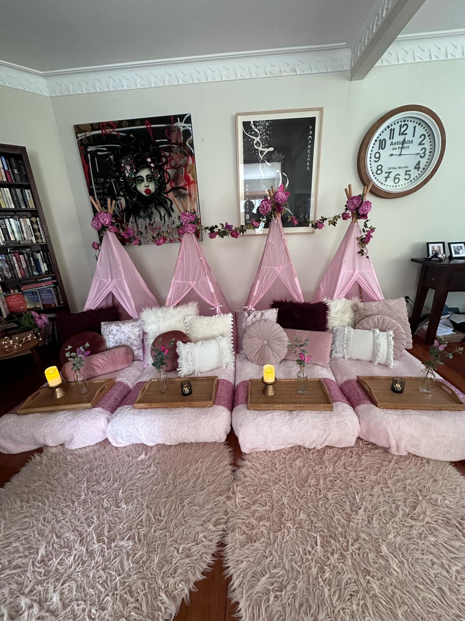 Blush pink and floral teepee slumber party Wellington