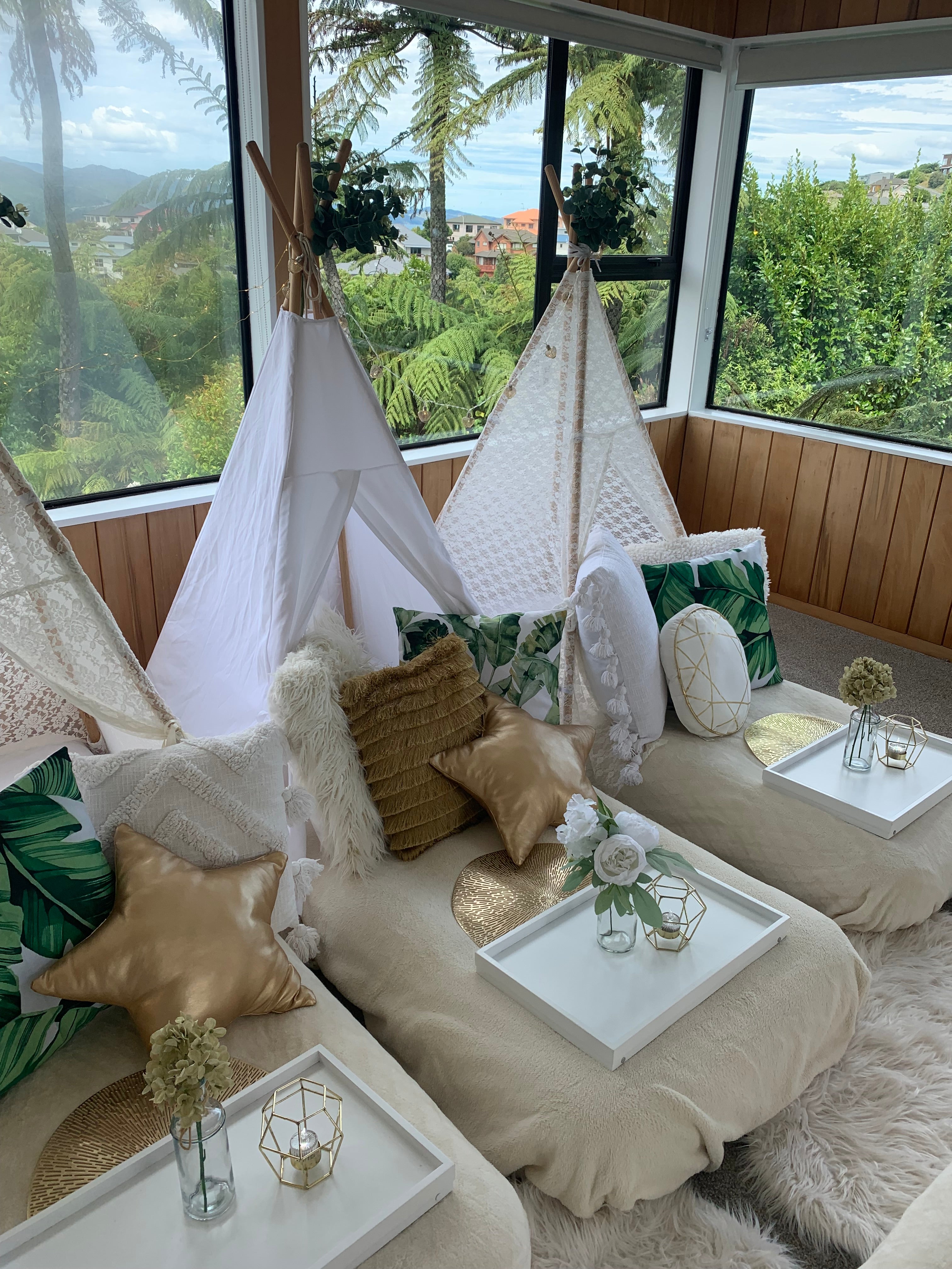 White gold and leafy teepee slumber party hire Wellington
