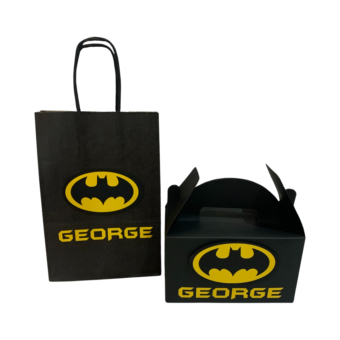 Batman themed personalised gift bags or boxes NZ party supplies
