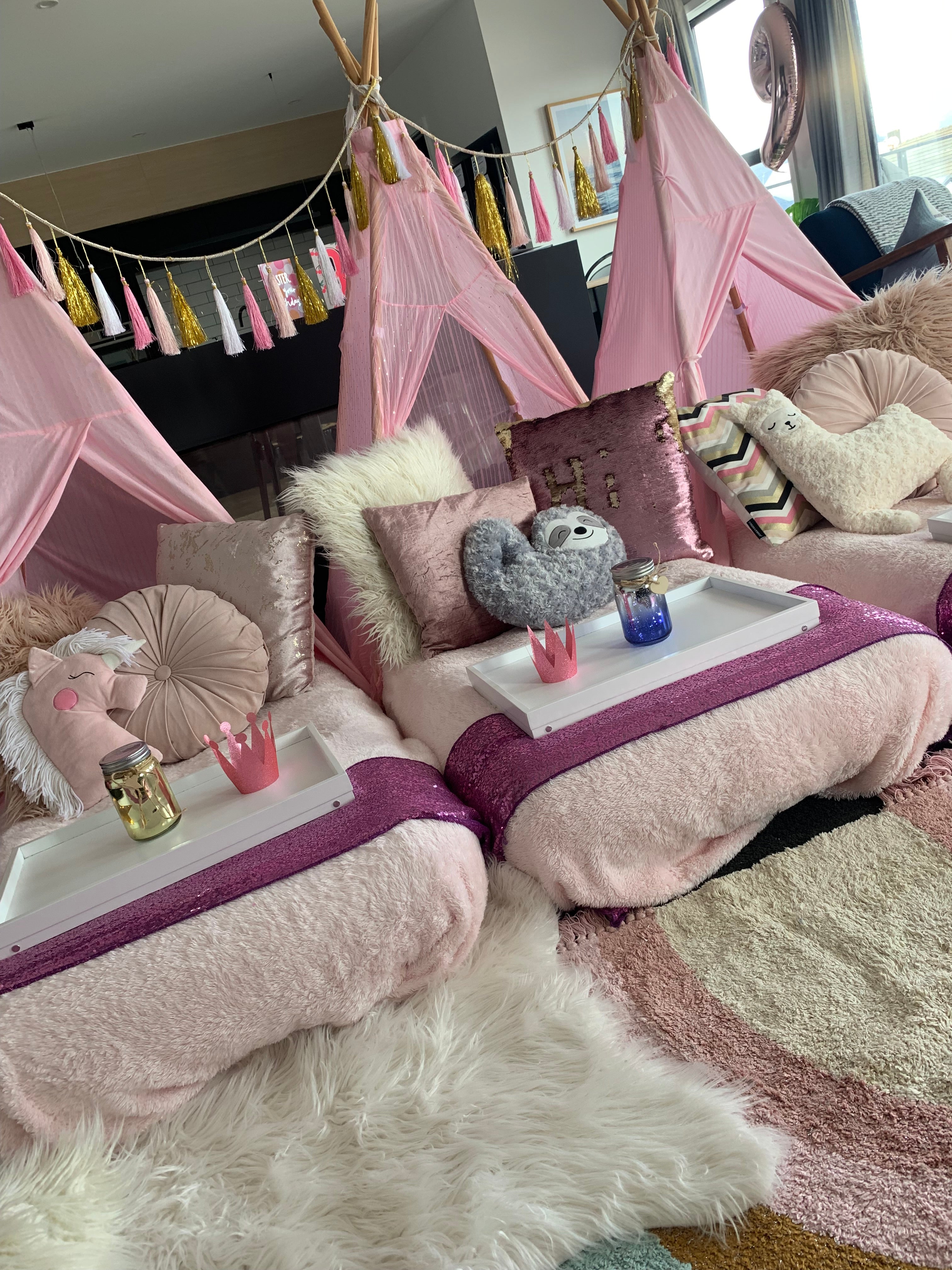 Pink themed teepee sleepover hire Wellington