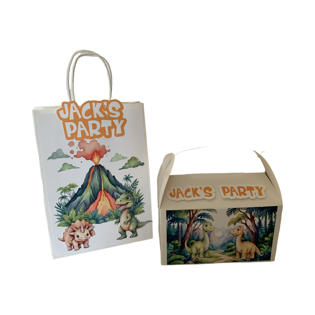 Dinosaur personalised party gift bags or boxes nz party supplies