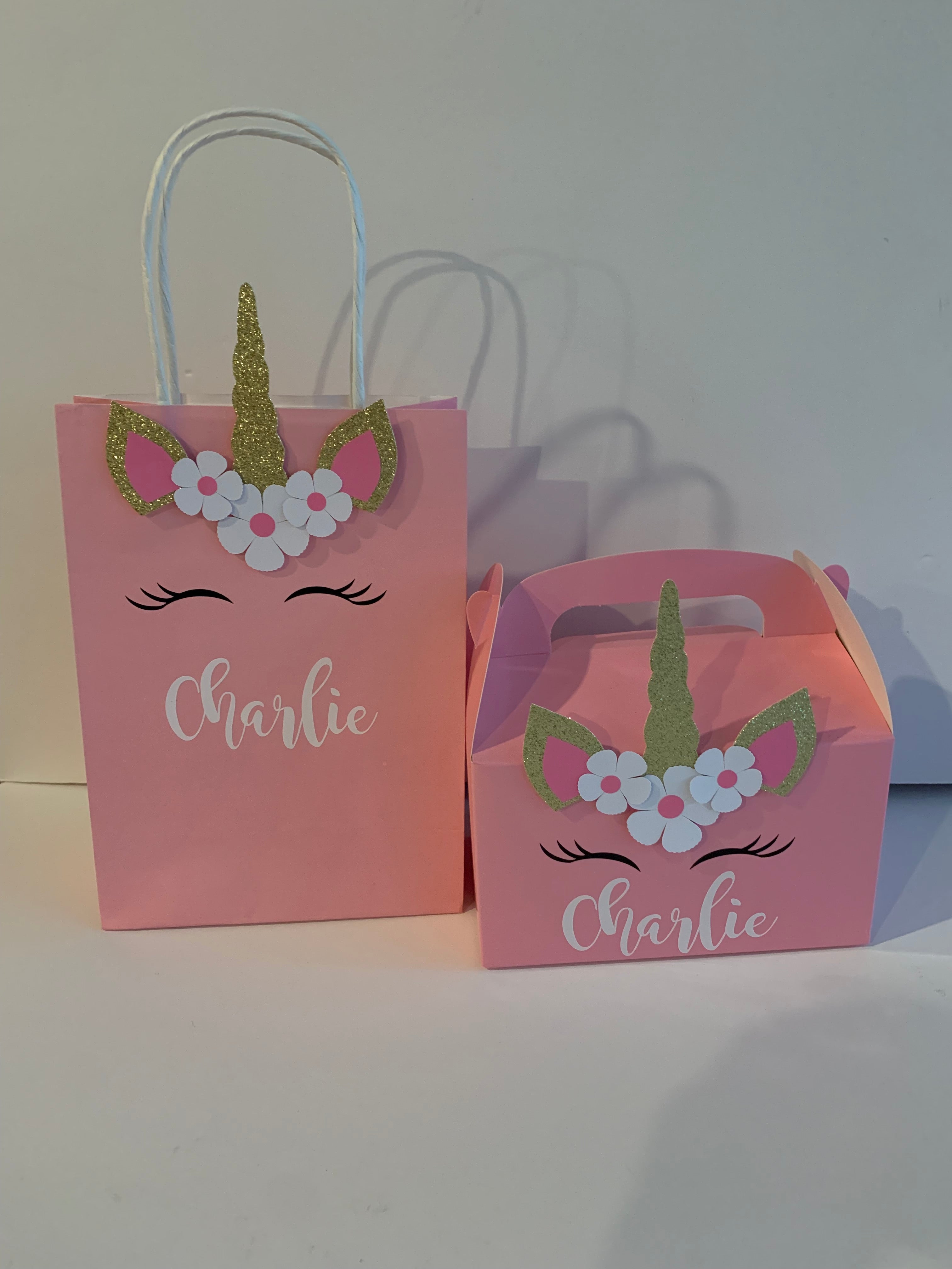 Personalised unicorn gift bags or boxes NZ unicorn party supplies
