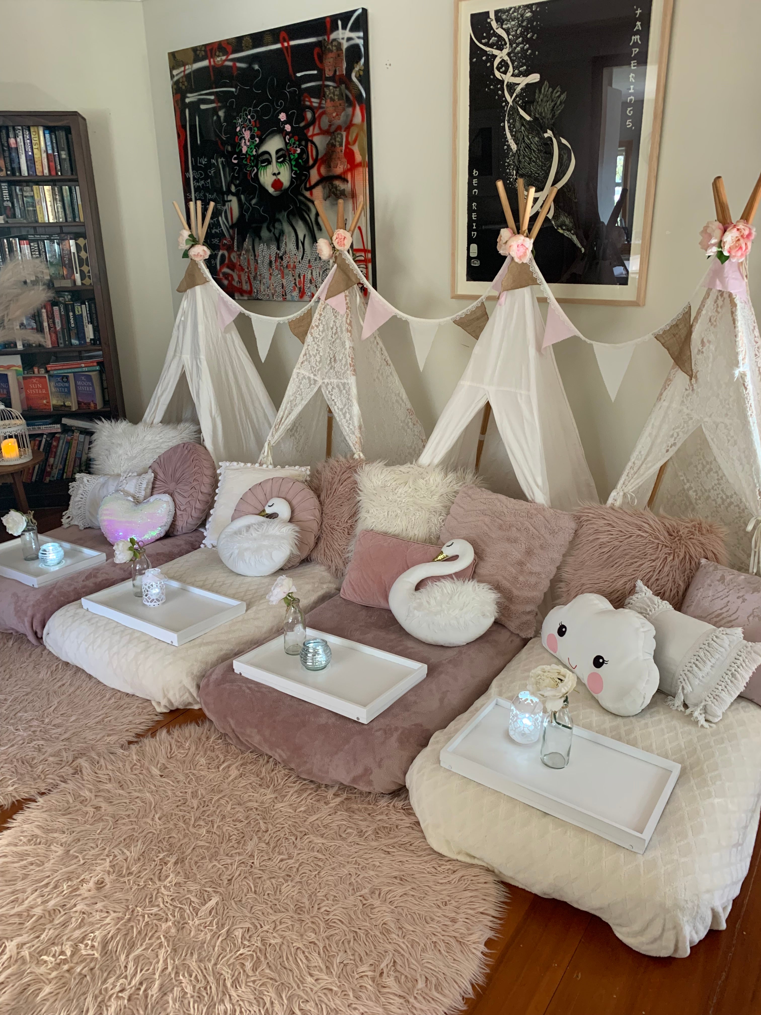 White and blush pink swan themed teepee party Wellington