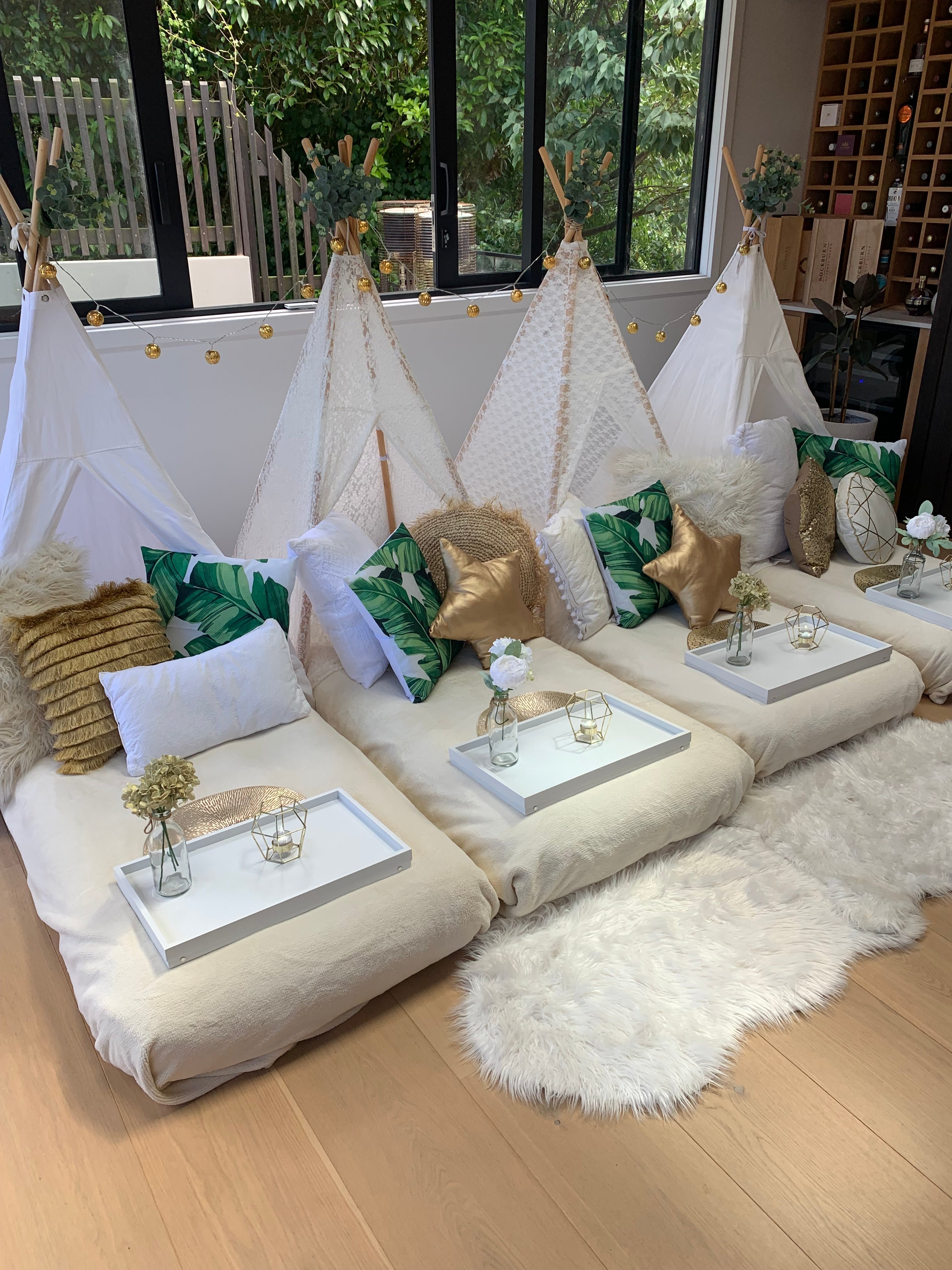 Teepee slumber party hire Wellington white gold leaves