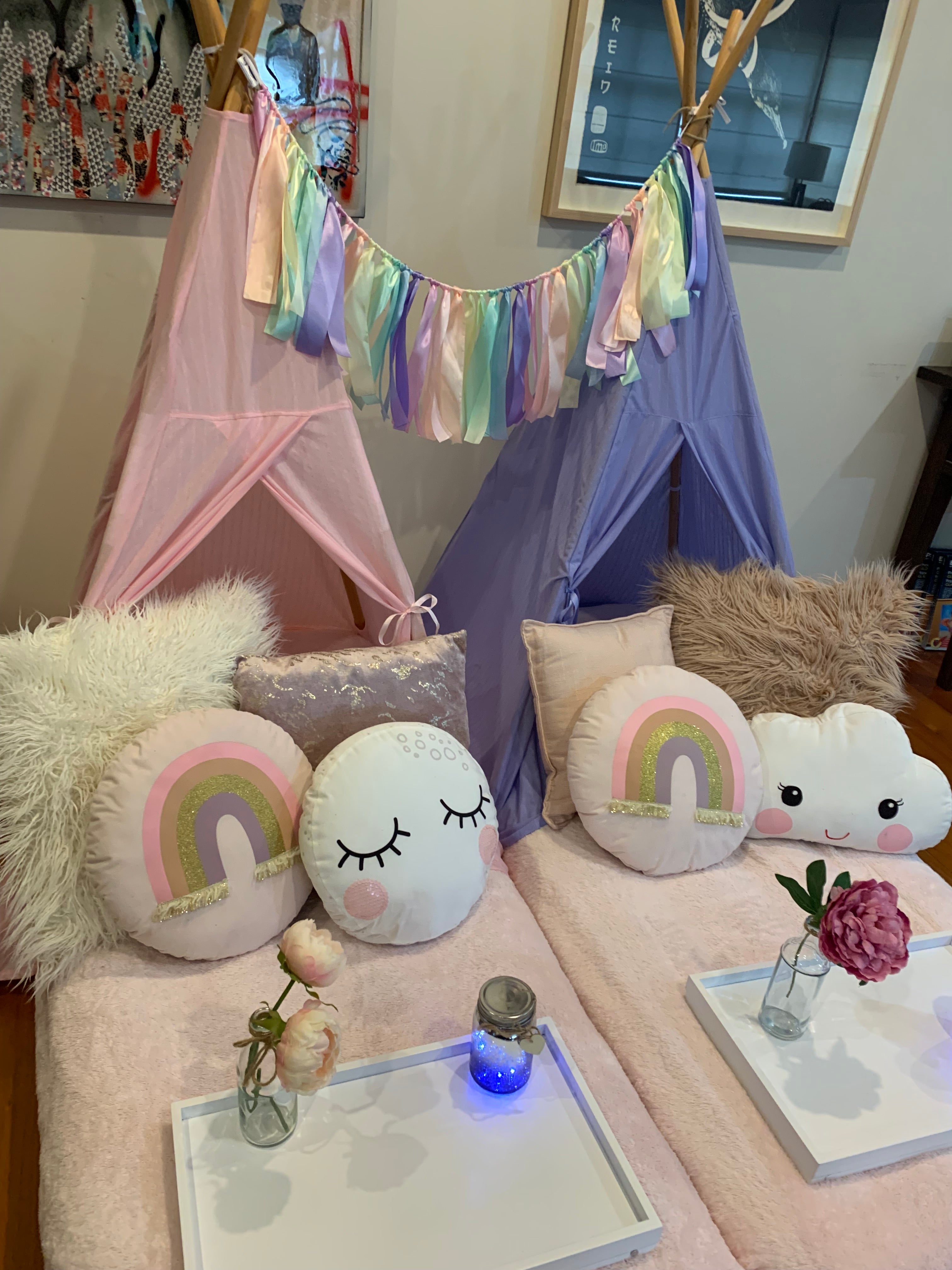 Pastel rainbow themed teepee slumber party hire Wellington