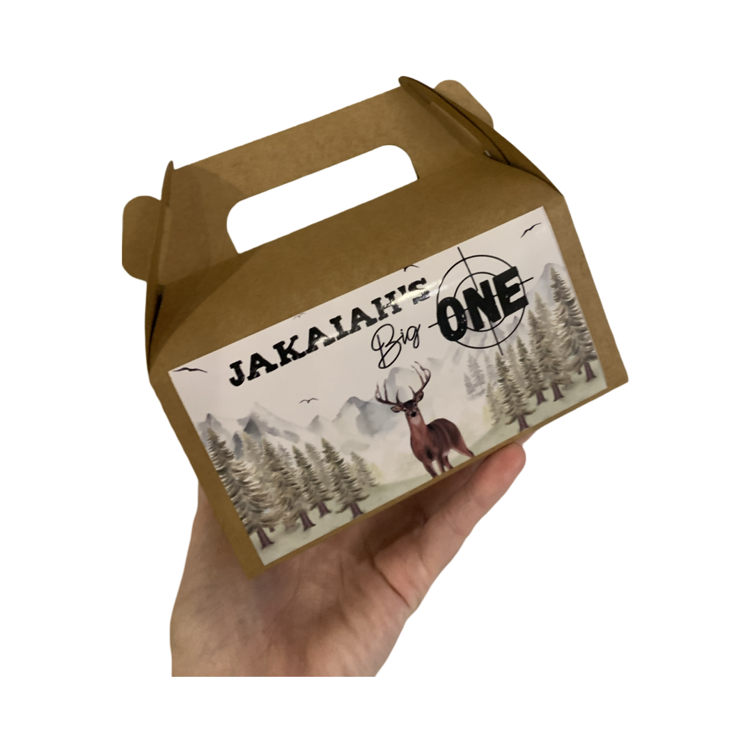 Deer or stag themed hunting first birthday party gift boxes
