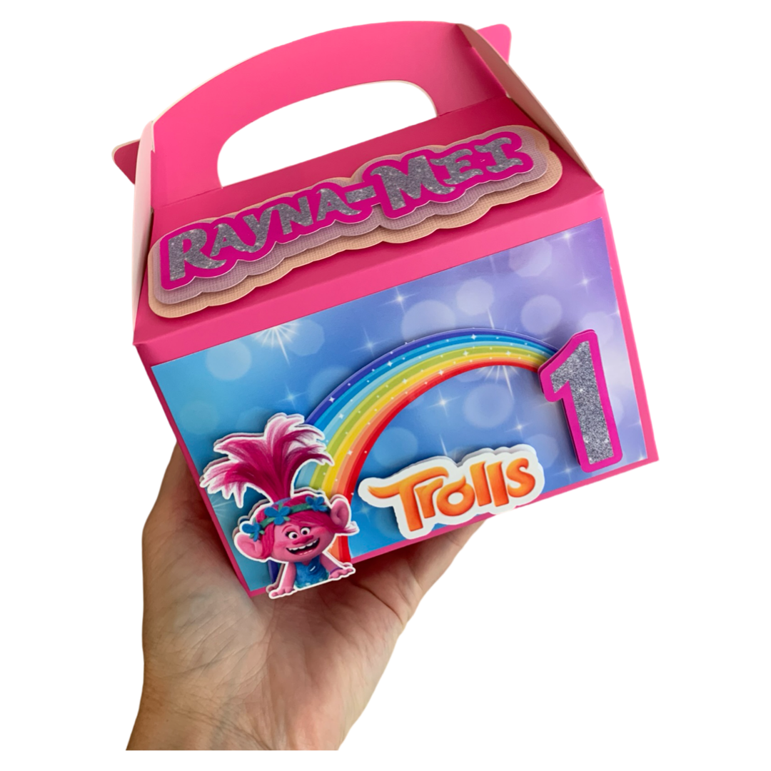 Trolls themed personalised 3d gift boxes NZ party favours
