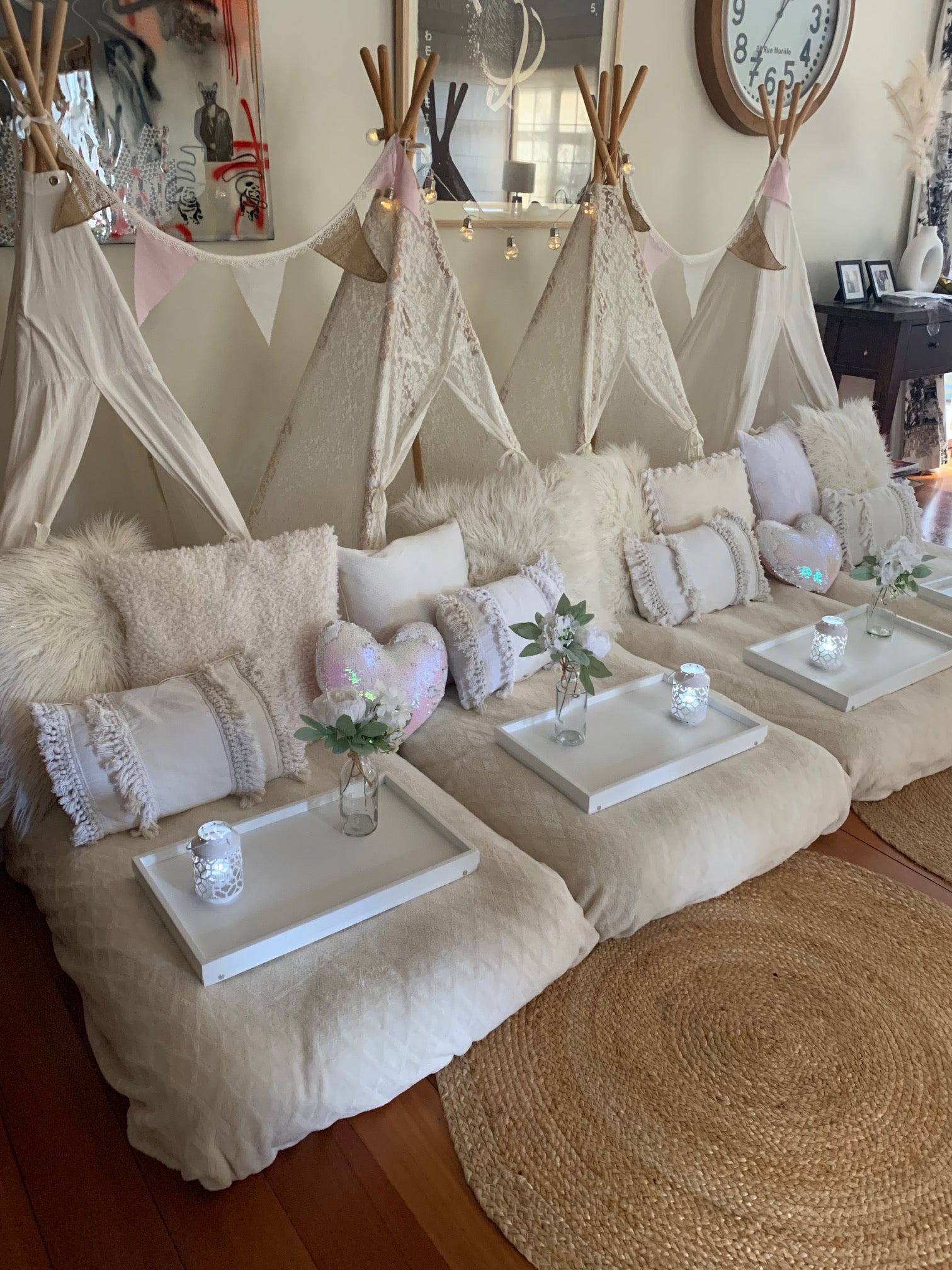 Petite cream dream teepee slumber party hire Wellington