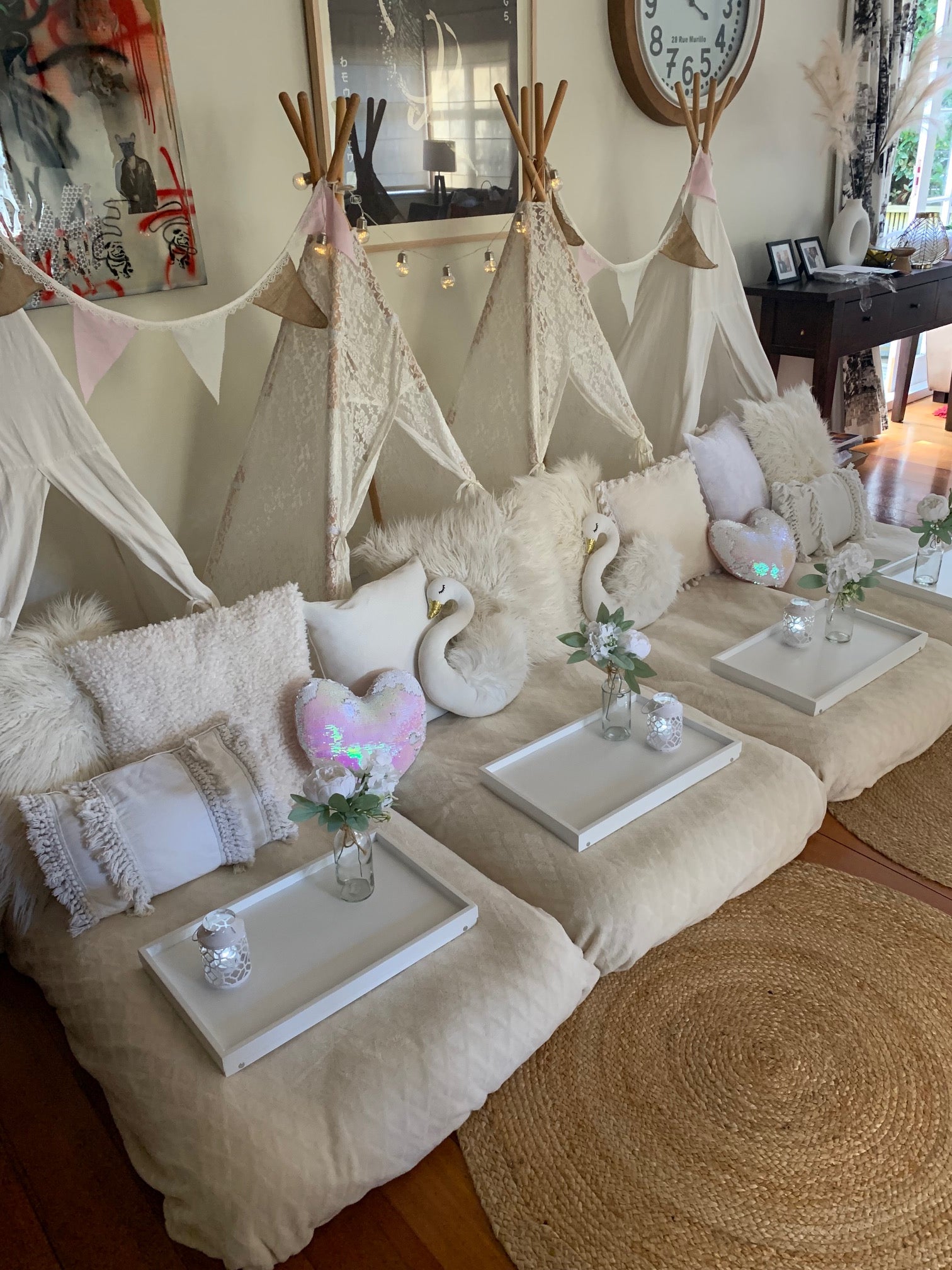 Swan white and cream teepee party hire Wellington
