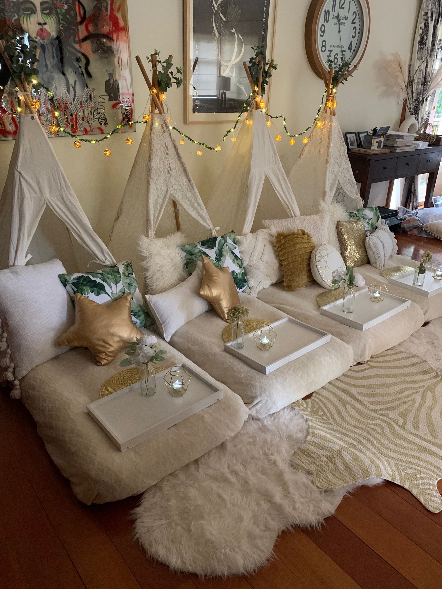 White gold leafy teepee slumber party Wellington
