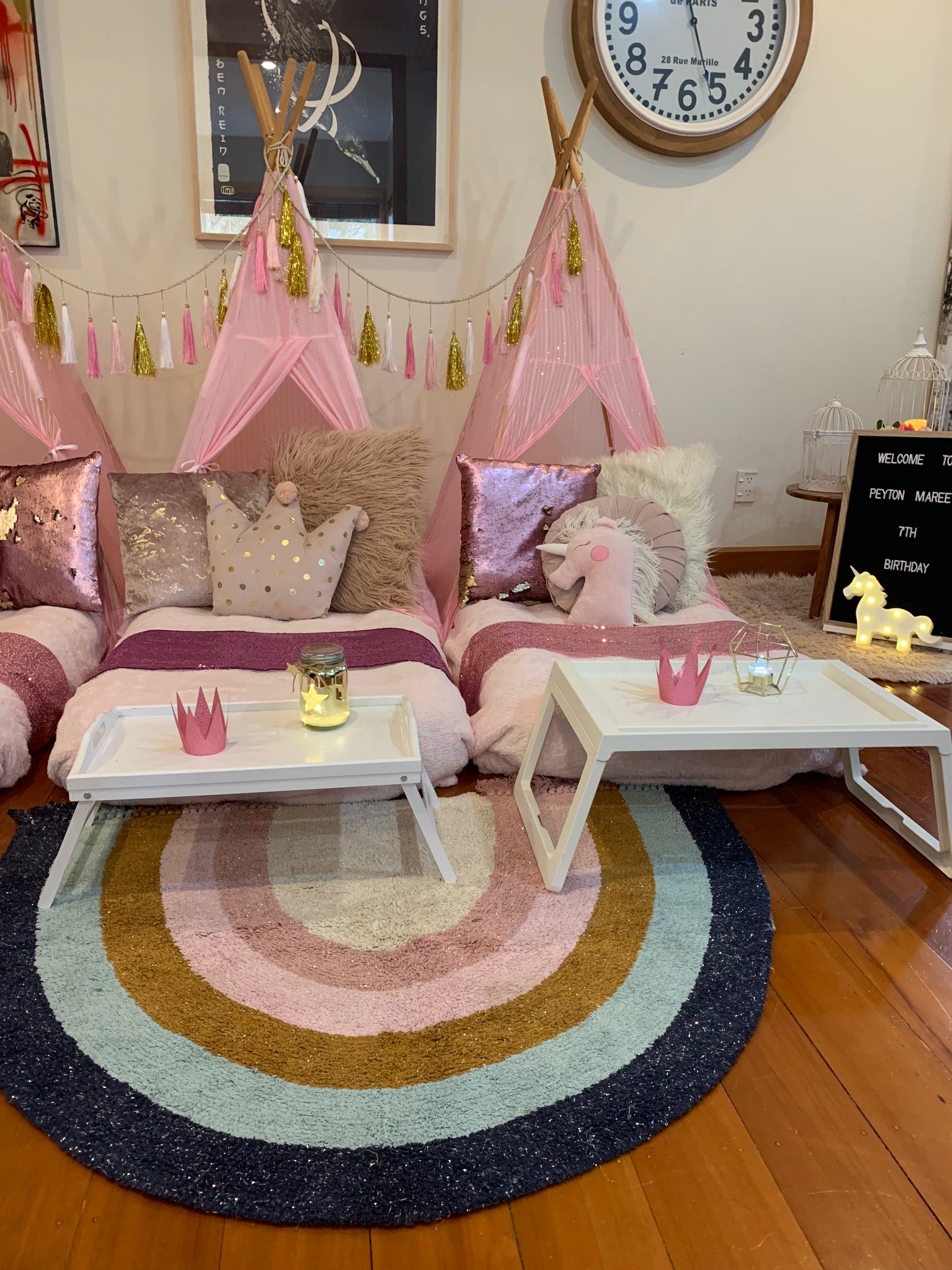 Unicorns and pink princess teepee slumber party hire Wellington