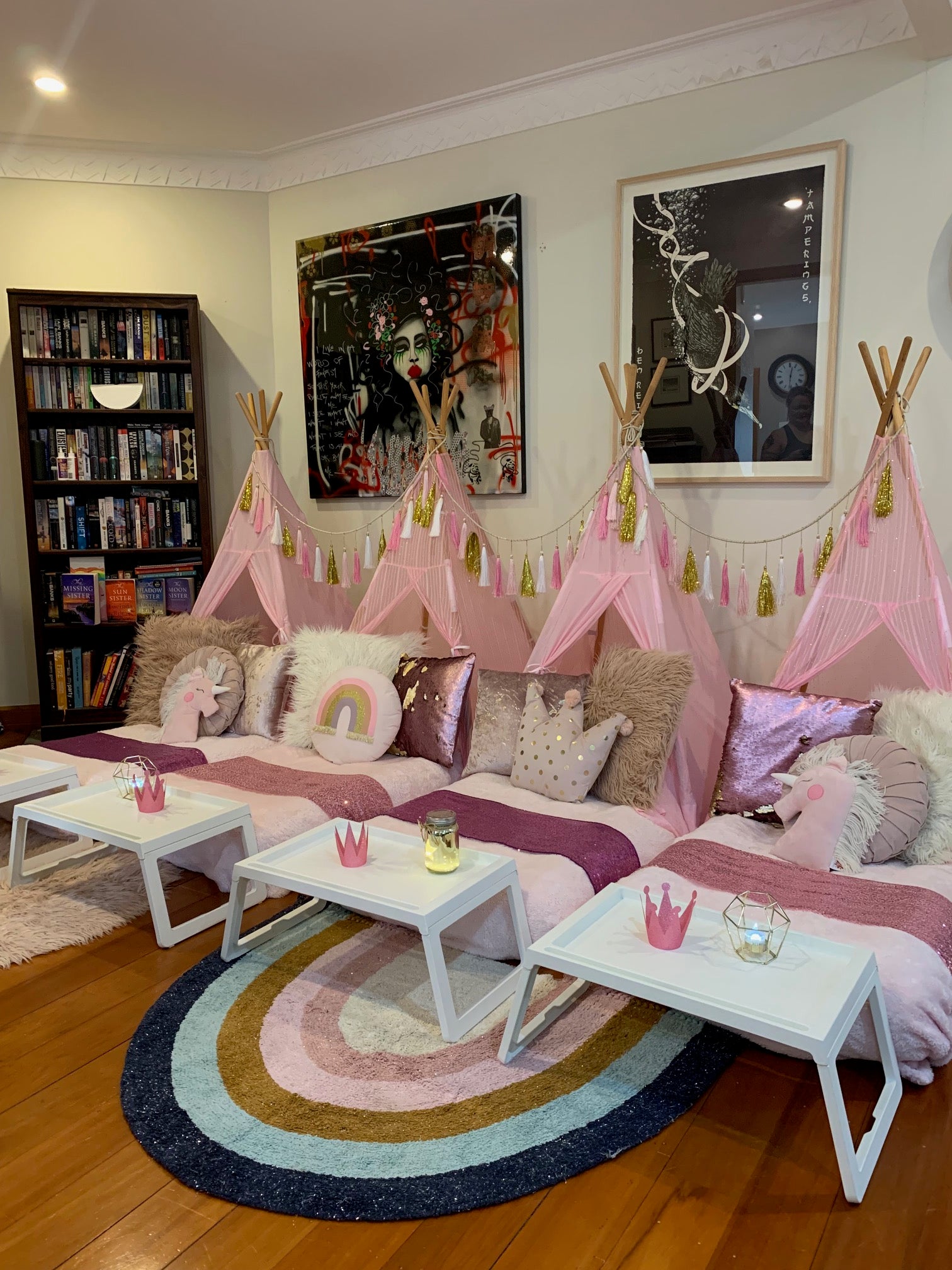 Pink themed teepee slumber party Wellington