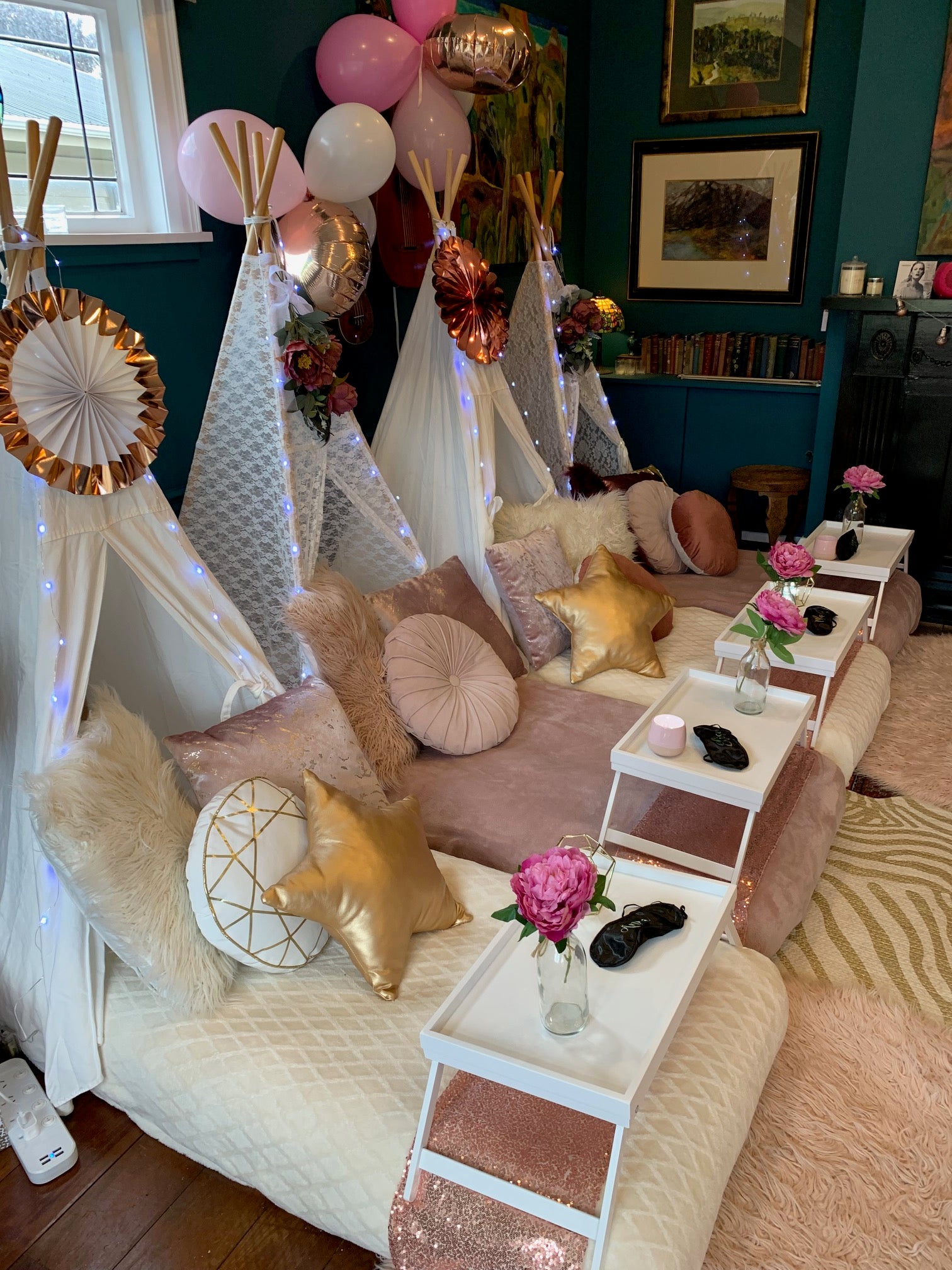 Rose gold themed teepee slumber party hire Wellington